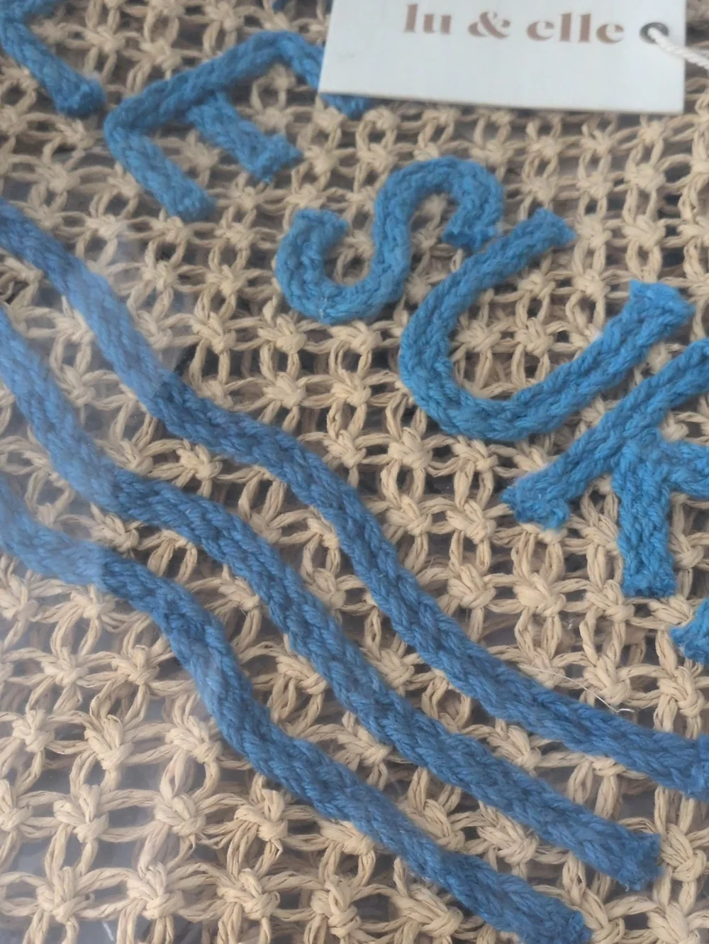 Lu & Elle ‘Le Surf’ Raffia Tote Bag with Blue Handles and Embroidery NWT